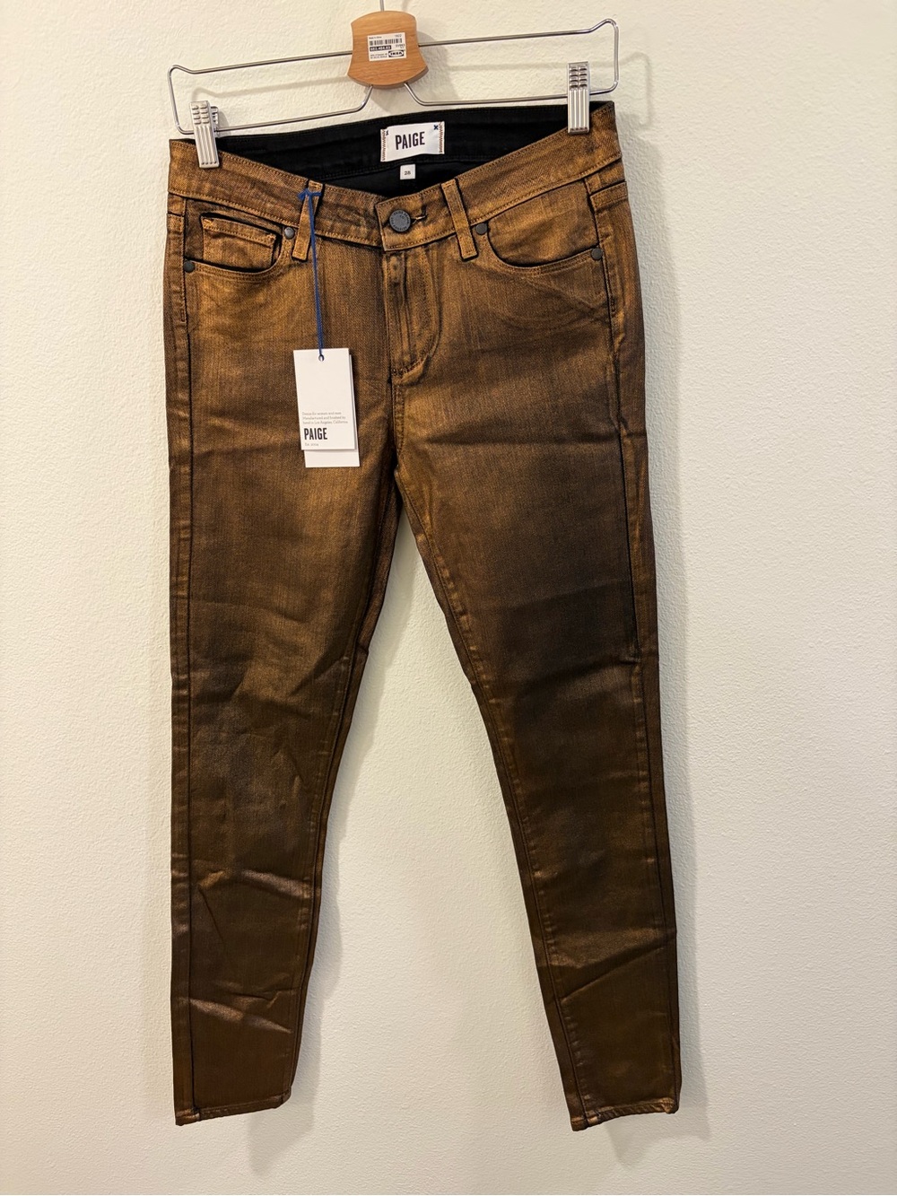 PAIGE Coated Skinny Jeans in Metallic Bronze
